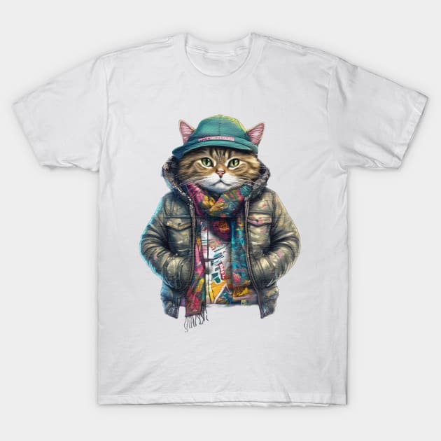 cute street cat wearing a jacket and hat T-Shirt by JnS Merch Store